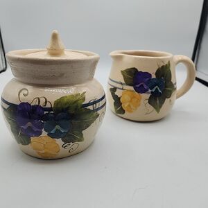 Marshall Pottery TX Cream Sugar Bowl Blue Striped Hand painted Floral Signed